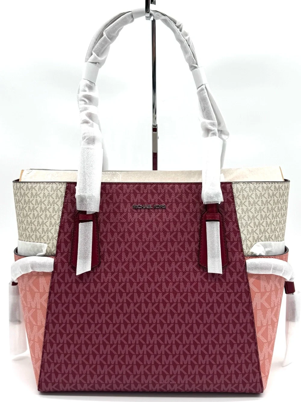 Michael Kors Voyager Large Color-Block Signature Logo Tote Bag - Maroon